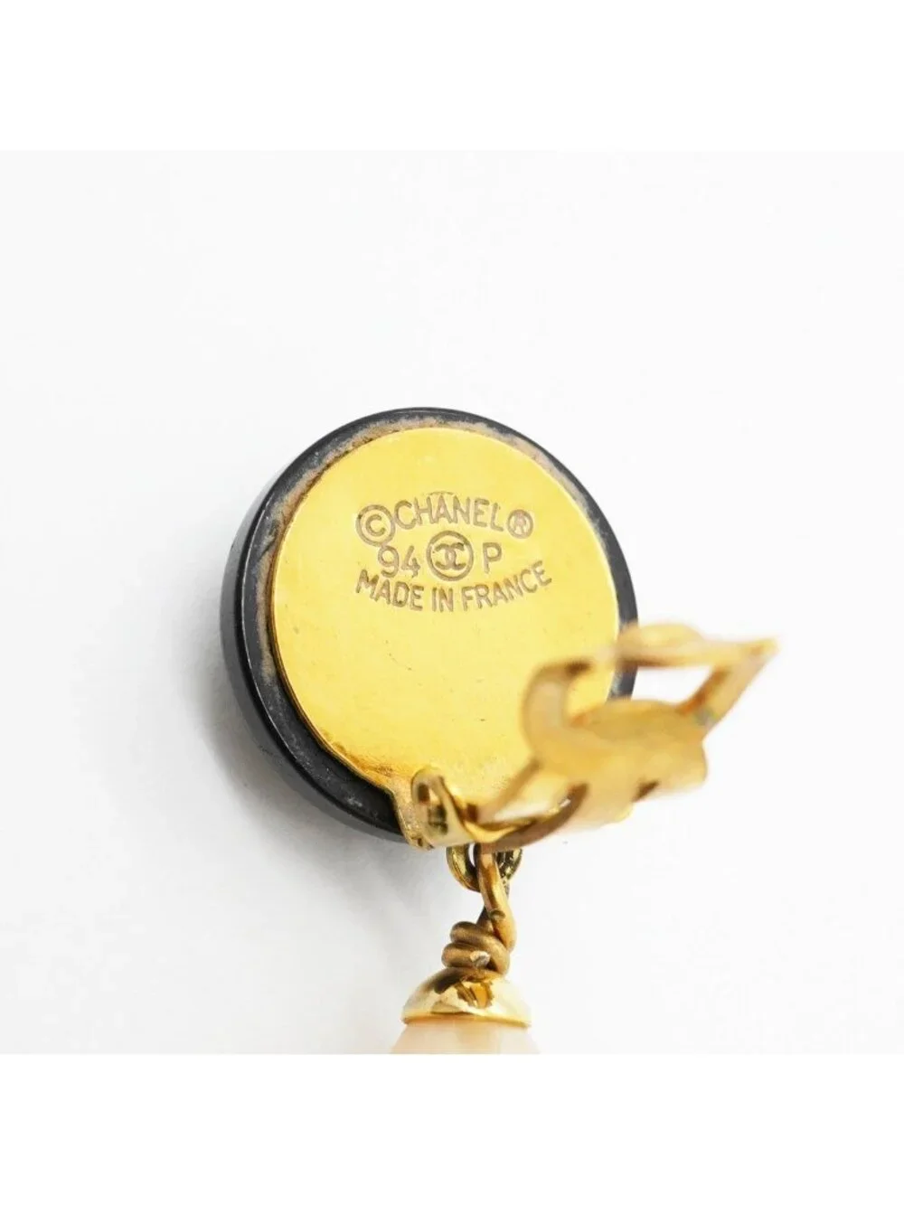 Chanel Earrings Vintage CC Logo Gold Plated Faux Pearl Blackcles